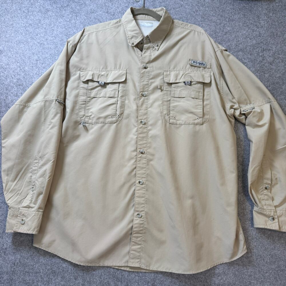 Columbia PFG Bahama II Shirt Mens Large Beige Fishing Vented Long Sleeve FM7048